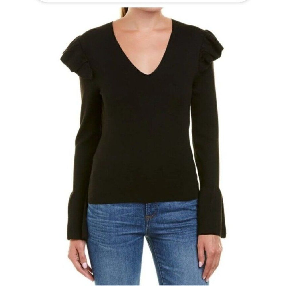 Parker‎ Sweater Black Ruffle Shoulder Long Bell Sleeve V-Neck Size Medium